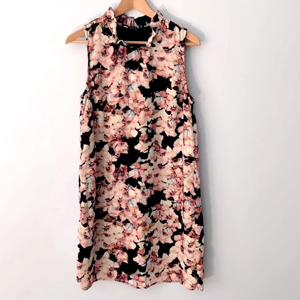 Cynthia Rowley ruffle collar neck floral sleeveless mini dress size 6 navy